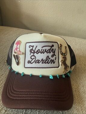 Howdy Darlin' Embellished Trucker Hat - Cream & Brown with Turquoise Accents